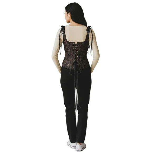 Black Lace Goth Corset Top L Dark Academia Coquette Alt Bustier Sheer Floral Bon - Picture 3 of 6